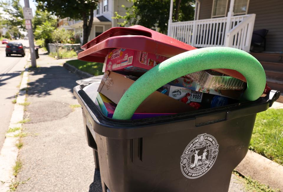 Recycling bins on Moraine Street in Brockton on Thursday, August 31, 2023.