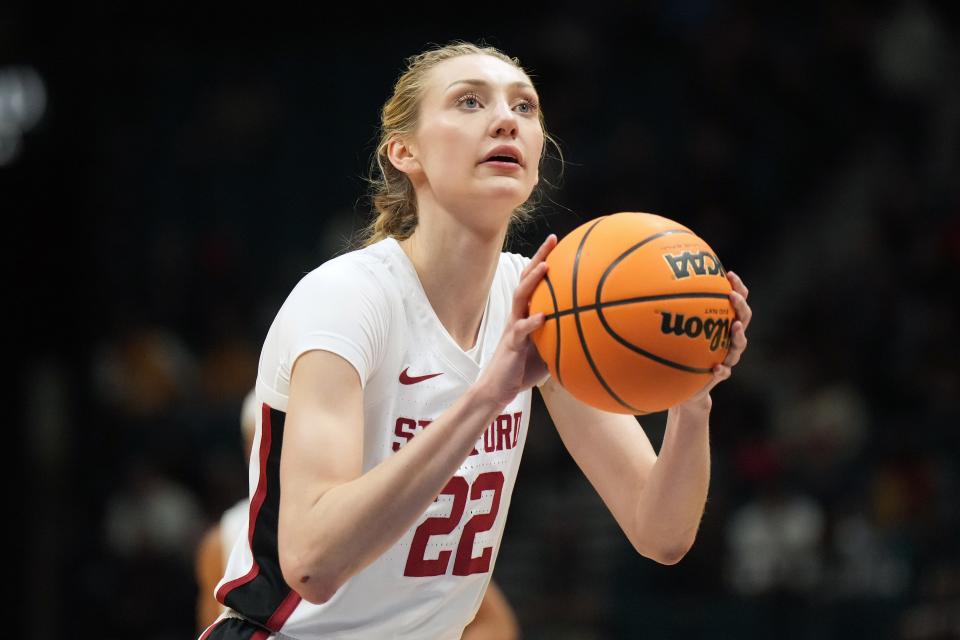 Mar 10, 2024; Las Vegas, NV, USA; Stanford Cardinal forward Cameron Brink (22) shoots the ball against the Southern California Trojans the first half of the Pac-12 Tournament women's championship game at MGM Grand Garden Arena. Mandatory Credit: Kirby Lee-USA TODAY Sports