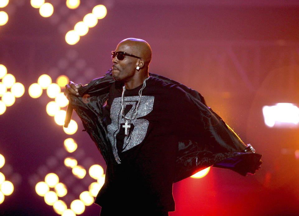 FILE - DMX performs during the BET Hip Hop Awards in Atlanta on Oct. 1, 2011. The family of rapper DMX says he has died on April 9, 2021, after a career in which he delivered iconic hip-hop songs such as "Ruff Ryders' Anthem." (AP Photo/David Goldman, File)