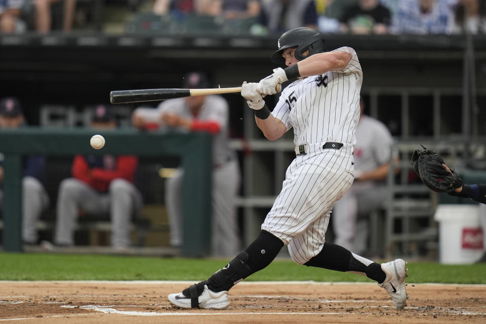 Chicago White Sox's Andrew Vaughn breaks his bat during the first inning of a baseball game against the Boston Red Sox, Saturday, June 8, 2024, in Chicago. (AP Photo/Erin Hooley)