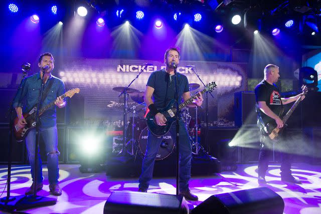 <p>Nathan Congleton/NBCU Photo Bank/NBCUniversal via Getty</p> Ryan Peake, Chad Kroeger, Daniel Adair, Mike Kroeger of Nickelback perform in June 2017