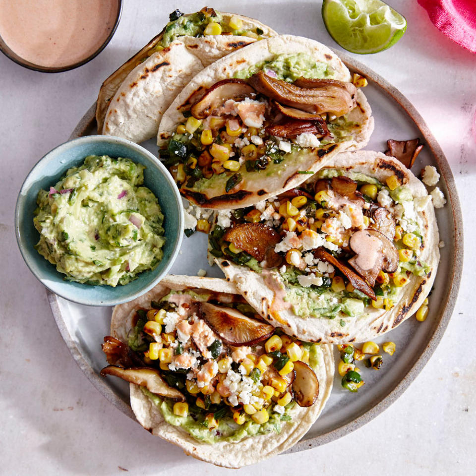 Mushroom and Charred Corn Tacos with Guacamole