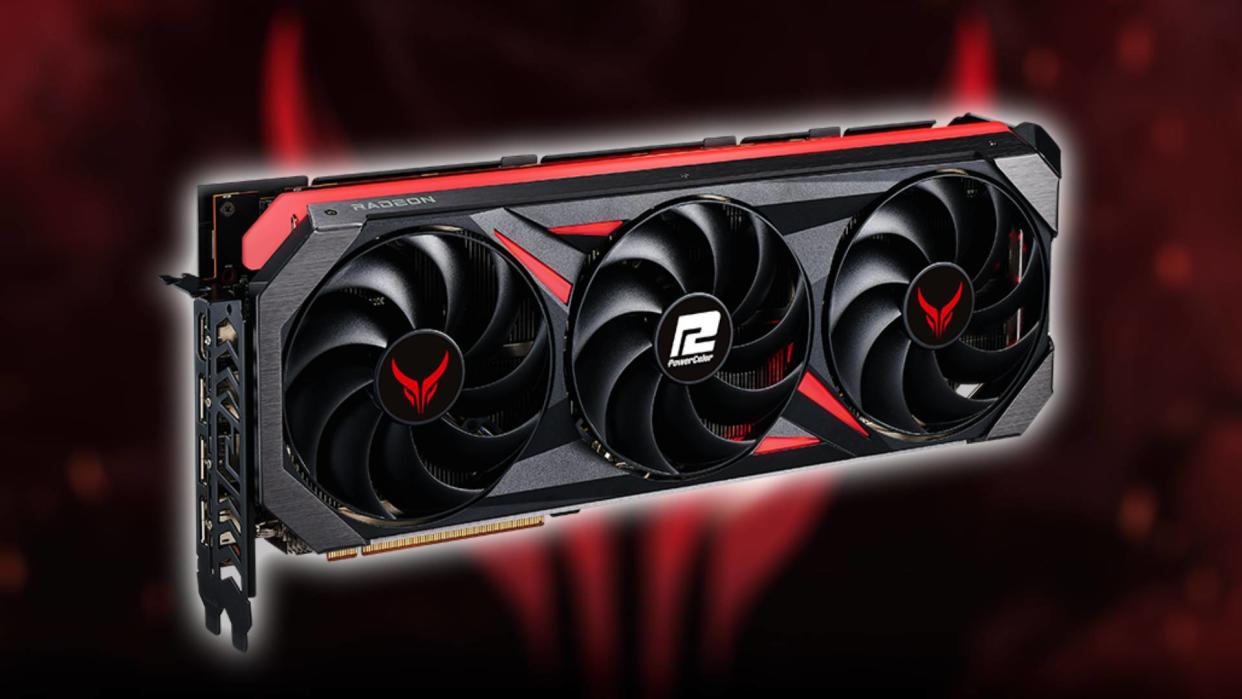  Powercolor Radeon RX 7800 XT GPU with red blurred backdrop  