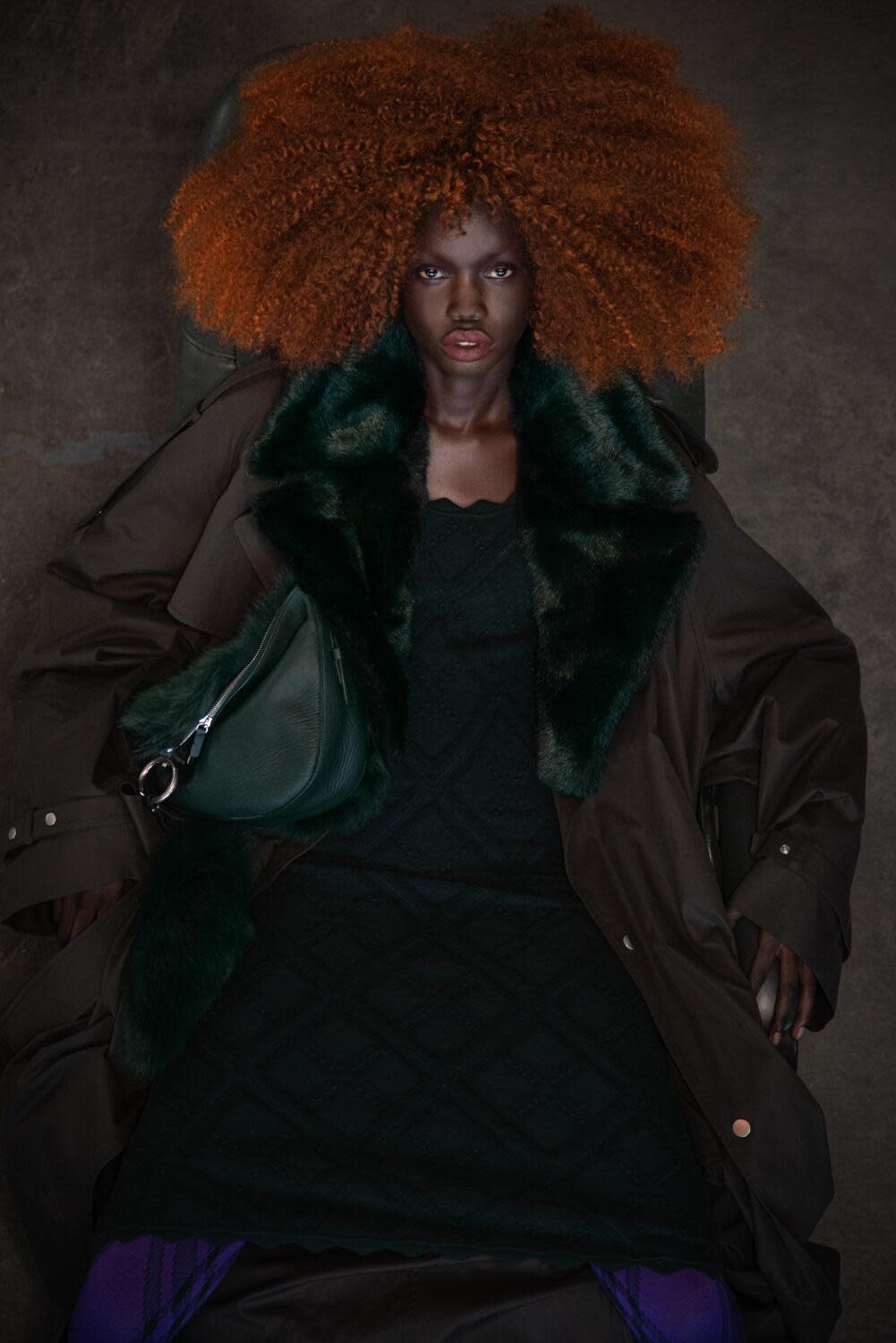 Burberry Gabardine faux fur trench coat, Aran wool blend dress, leather and shearling small Knight bag
