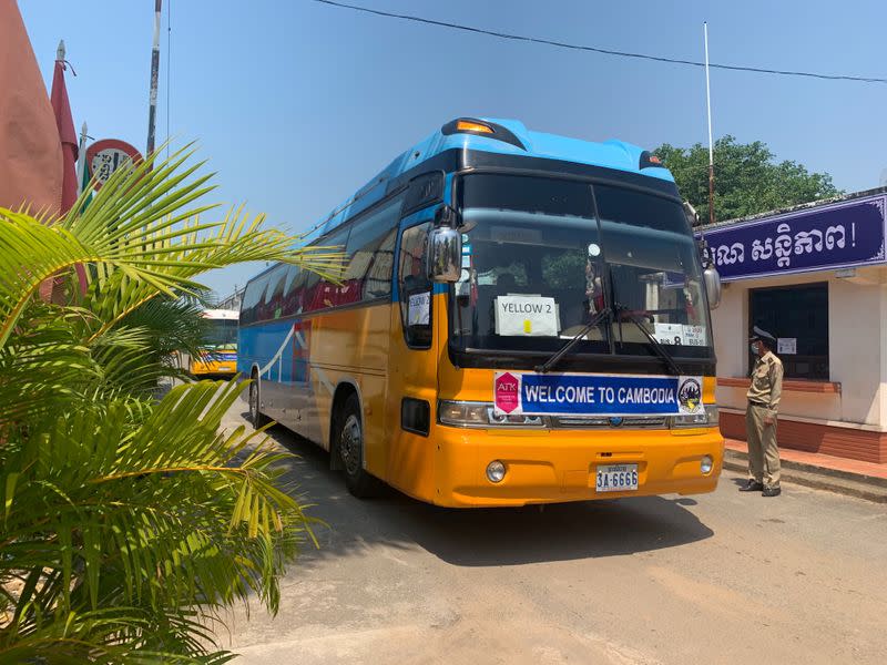 The last passengers from the MS Westerdam travel in a bus towards Phnom Penh, after being cleared to disembark, in Sihanoukville