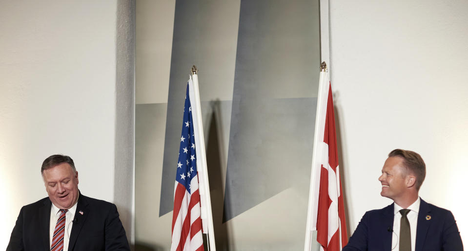 Danish Foreign Minister Jeppe Kofod, right and US Secretary of State Mike Pompeo give a joint press conference in Copenhagen, Denmark, Wednesday, July 22, 2020. Pompeo arrived in Denmark on Wednesday for meetings with the country's leaders that are likely to address the construction of a disputed gas pipeline which Washington opposes. (Thibault Savary/Pool Photo via AP)