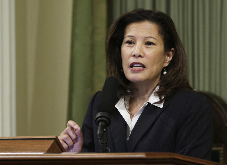 FILE - In this March 23, 2015, file photo, California Supreme Court Chief Justice Tani Cantil-Sakauye delivers her State of the Judiciary address before a joint session of the Legislature at the Capitol in Sacramento, Calif. The chief justice of the California Supreme Court says concerns about increasing polarization in the country prompted her to give up her Republican Party affiliation. Cantil-Sakauye said in a telephone interview on Friday, Dec. 14, 2018, that she switched her voter registration to no party preference after the confirmation hearings for U.S. Supreme Court Justice Brett Kavanaugh. But she said she had been considering the move for several years. (AP Photo/Rich Pedroncelli, File)