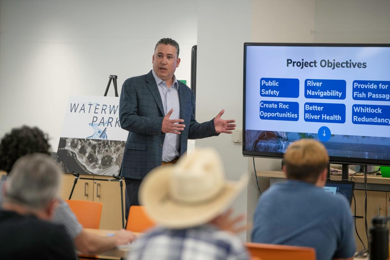 Seth Clayton, executive director of Board of Water Works of Pueblo, speaks during a meeting discussing the Southside diversion dam improvements project at the Rawlings Library on Tuesday, May 9, 2023.