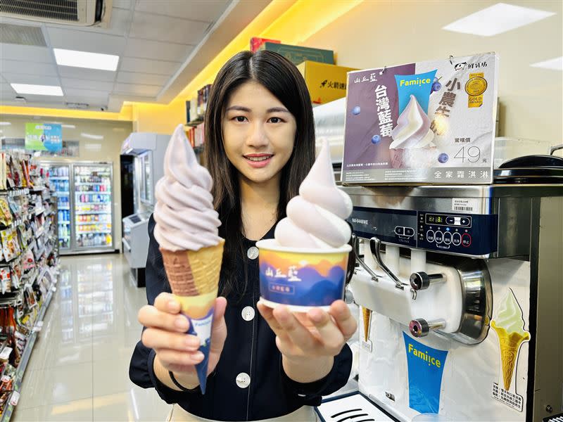 全家新推出「山丘藍台灣藍莓霜淇淋」，還有期間限定的雙色餅皮。（圖／全家 提供）