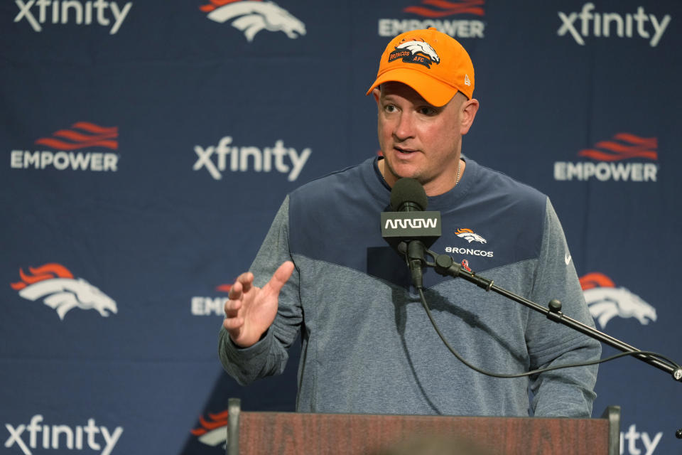 Denver Broncos head coach Nathaniel Hackett talks to reporters at a press conference after an NFL football game against the Seattle Seahawks, Monday, Sept. 12, 2022, in Seattle. The Seahawks won 17-16. (AP Photo/Stephen Brashear)