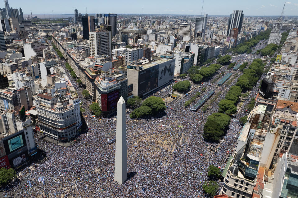 BUENOS AIRES - ARGENTINA, DECEMBER 20: An aerial view of a massive crowd celebrating their nationâs third World Cup victory, in the capital Buenos Aires, Argentina on December 20, 2022. On Sunday, Messi-led Argentina beat France 4-2 on penalties in Qatar to bag the nation's third FIFA World Cup title. (Photo by Martin Cossarini/Anadolu Agency via Getty Images)