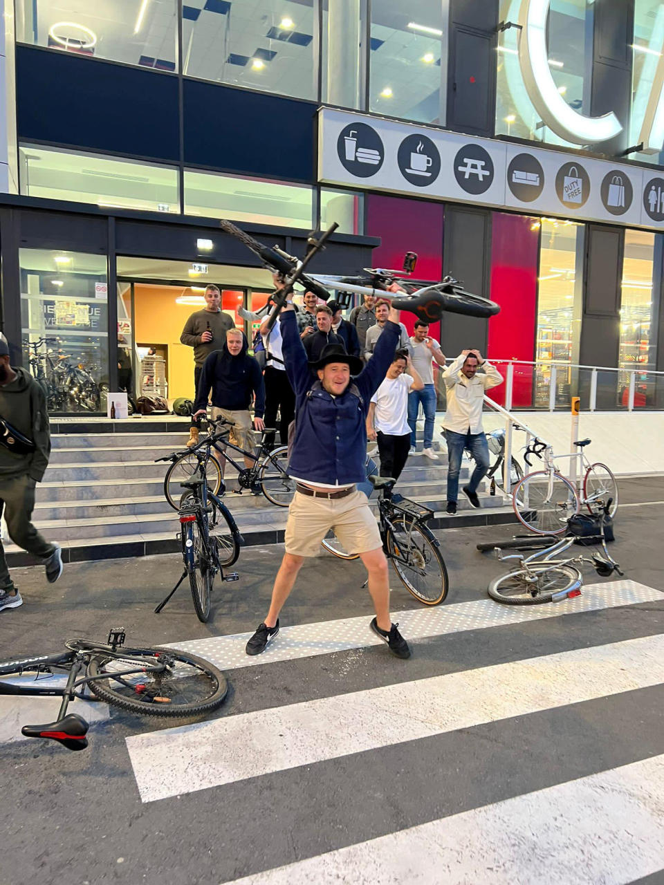 A stag do stranded in Amsterdam after their flight was cancelled went on an epic 230-mile mission home, buying bikes from locals to catch the ferry back. (SWNS)