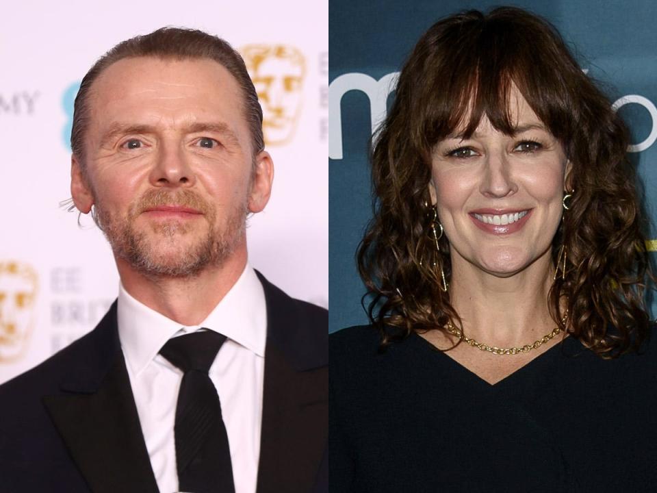 On the left: Simon Pegg in March 2022. On the right: Rosemarie DeWitt in May 2022.