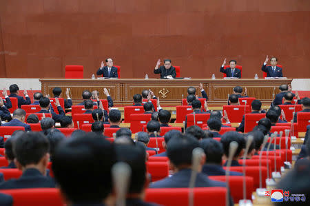 North Korean leader Kim Jong Un attends the Third Plenary Meeting of the Seventh Central Committee of the Workers' Party of Korea (WPK), in this photo released by North Korea's Korean Central News Agency (KCNA) in Pyongyang on April 20, 2018. KCNA/via Reuters