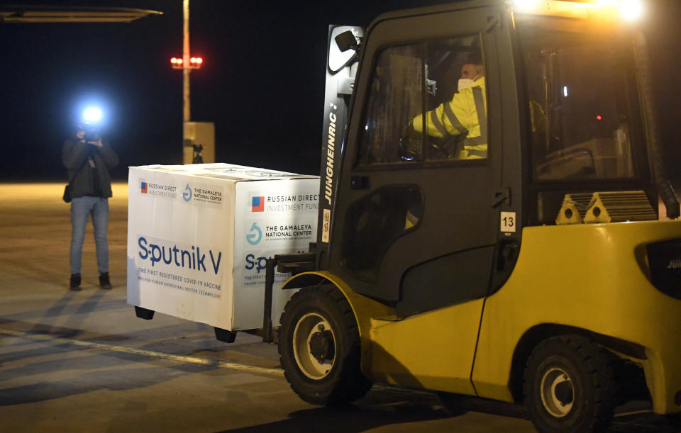 Russia's Sputnik V coronavirus vaccine arrives at Kosice Airport, Slovakia, Monday March 1, 2021. Hard-hit Slovakia signed a deal to acquire 2 million dozes of Russia’s Sputnik V coronavirus vaccine. The country's prime minister says Slovakia will get one million shots in next two months while another million will arrive in May and June. (Frantisek Ivan/TASR via AP)