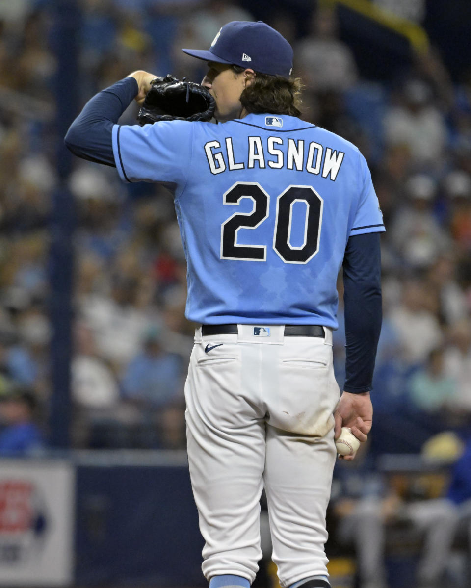 Tampa Bay Rays starter Tyler Glasnow looks toward the plate during the third inning of a baseball game against the Kansas City Royals, Sunday, June 25, 2023, in St. Petersburg, Fla. (AP Photo/Steve Nesius)