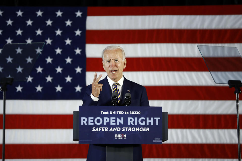 Democratic presidential candidate former Vice President Joe Biden speaks Wednesday, June 17, 2020, in Darby, Pa. (AP Photo/Matt Slocum)