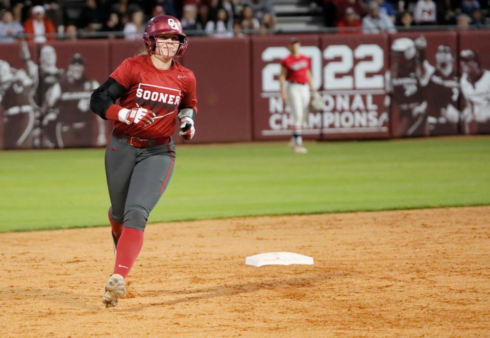 Oklahoma's Kasidi Pickering rounds second base after hitting a home run during the college softball game between the University of Oklahoma Sooner and Seminole State College at Marita Hynes Field in Norman, Okla., Monday, Oct., 23, 2023.