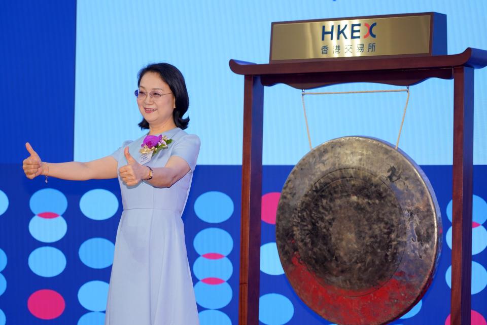 HONG KONG, CHINA - APRIL 14: Zhong Huijuan, Chairwoman of Hansoh Pharmaceutical Group Co., Ltd., attends the company's listing ceremony at the Hong Kong Stock Exchange (HKEX) on April 14, 2019 in Hong Kong, China. (Photo by Zhang Wei/China News Service/Visual China Group via Getty Images)