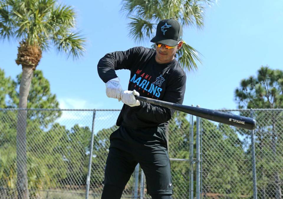 Miami Marlins Minor League outfielder Victor Mesa Jr poses for the photo during spring training workouts at the Roger Dean Chevrolet Stadium on Tuesday, March 5, 2019 in Jupiter, FL.