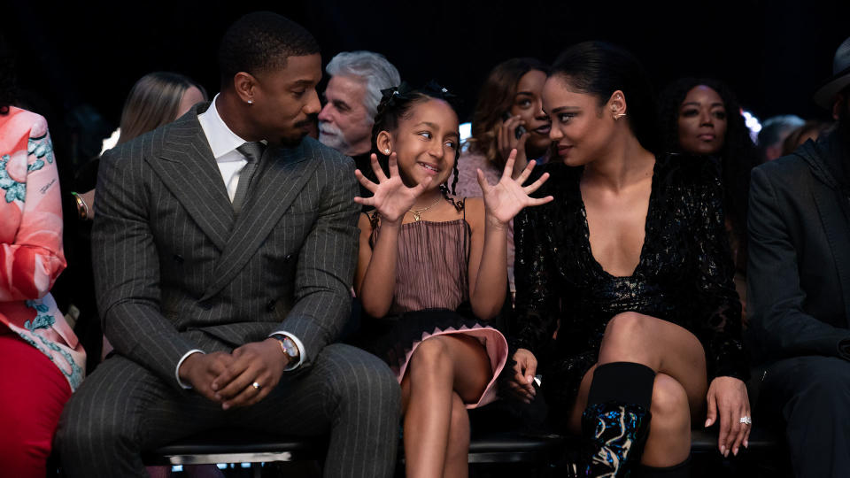 Michael B. Jordan, Mila Davis-Kent and Tessa Thompson in Creed III