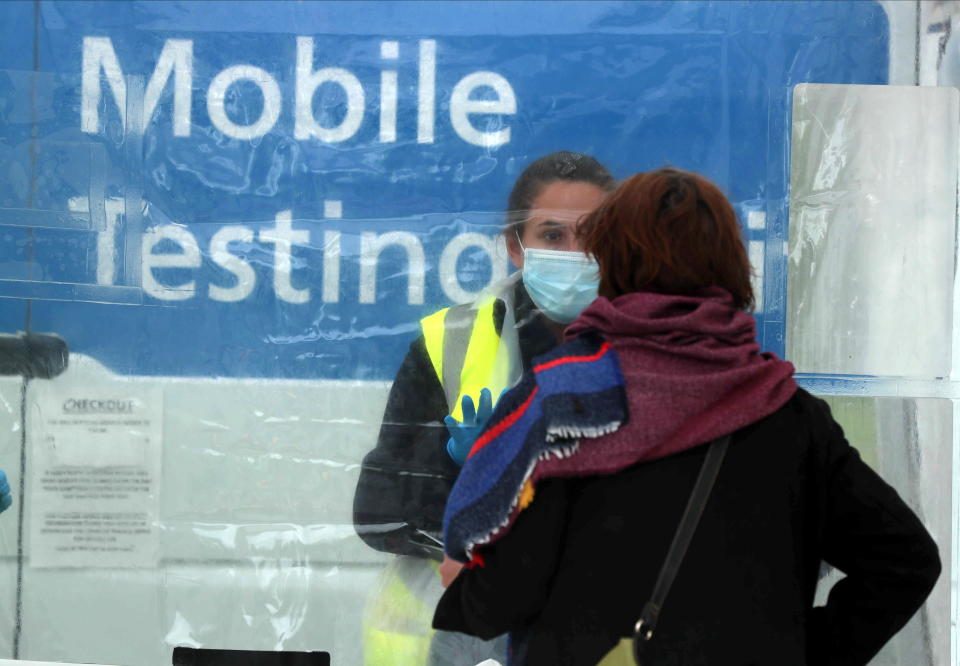 Staff member at an NHS mobile vaccination and testing unit at Northumberland Retail Park as cases of the Indian-origin coronavirus variant continue to rise in Shiremoor, North Tyneside, England. Photo: Lee Smith/Reuters