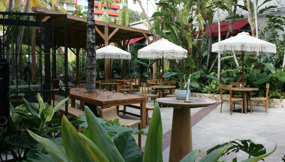 The outdoor patio at Flora Plant Kitchen in Miami.