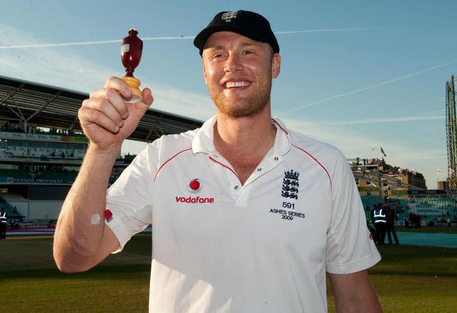 Andrew Flintoff holds aloft the Ashes in 2009 