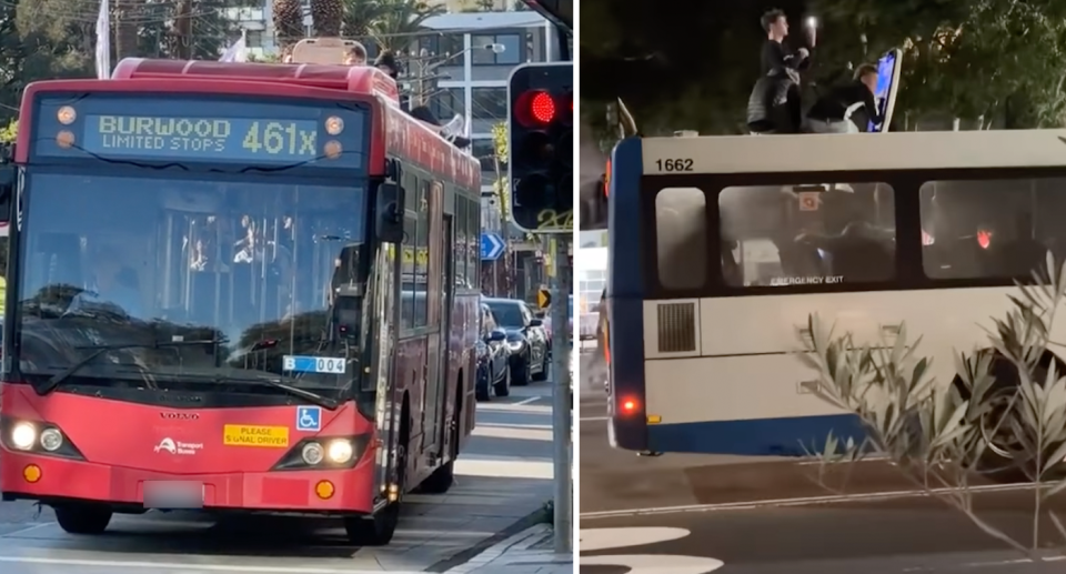 Three boys sit on top of a red bus headed to Burwood in Sydney's west (left) and three teenagers stand in the roof hatch filming their travels (right).