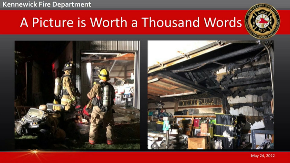 Fireworks started a fire that damaged a shop in Kennewick on July 4, 2021, as shown in this slide prepared by Fire Chief Chad Michael for the City Council.