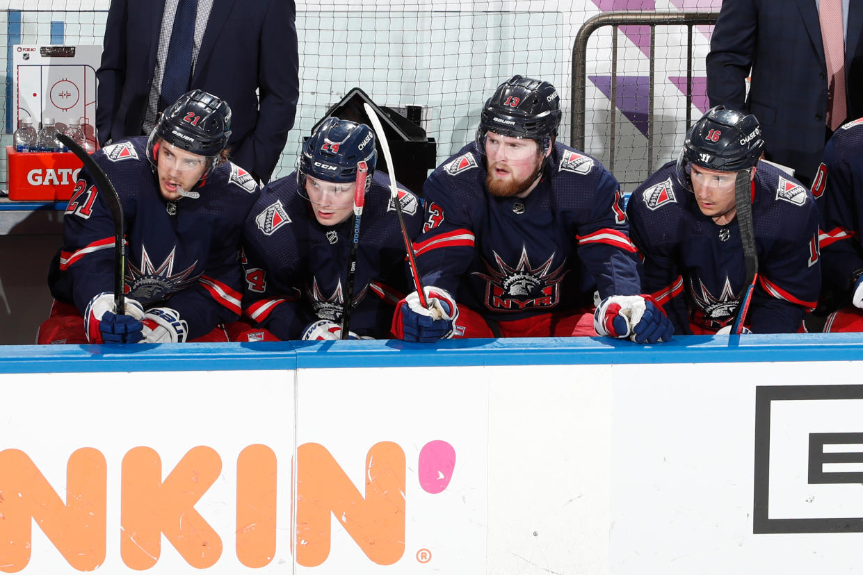 Brett Howden #21, Kaapo Kakko #24, Alexis Lafreniere #13 and Ryan Strome #16 of the New York Rangers