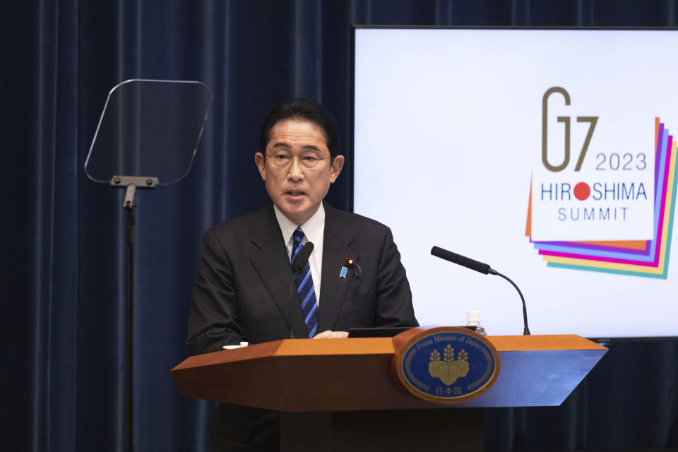 Japanese Prime Minister Fumio Kishida speaks during his press conference in Tokyo Friday, Feb. 24, 2023. Kishida said Friday he plans to present to other Group of Seven countries a set of "new ideas" for sanctions against Russia over its war on Ukraine when he hosts an online G-7 summit to mark the one-year anniversary of the start of the invasion. (Stanislav Kogiku/Pool Photo via AP)