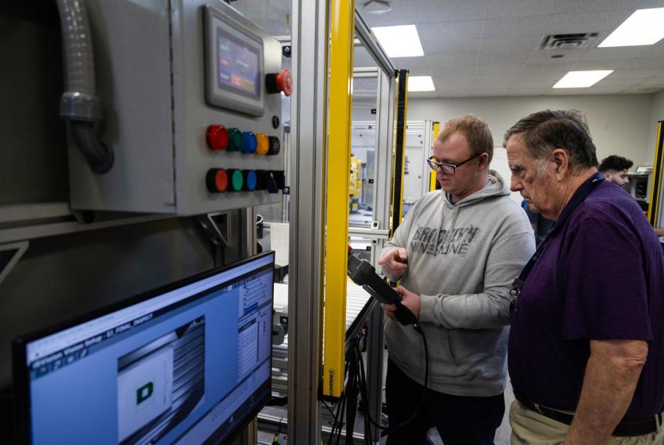 Justin Meckle, a fourth-semester Robotics student at the Texas State Technical College in Waco, works on a troubleshooting assignment during class on Oct. 24, 2022.