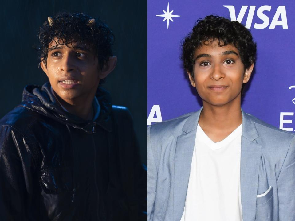 left: grover in percy jackson live action, wet from rain and looking distressed with horns coming out of his curly hair; right: aryan simhadri on a red carpet, smiling slightly