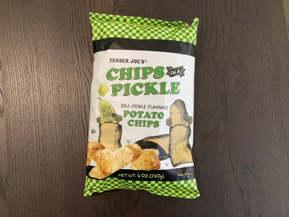 A bag of pickle-flavored potato chips from Trader Joe's.