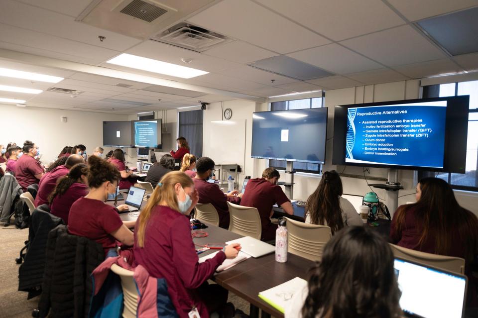 Students listen during class at the Pueblo Community College Nursing and Allied Health Teaching and Learning Center in the East Tower at St. Mary-Corwin on Thursday, Jan. 26, 2023.