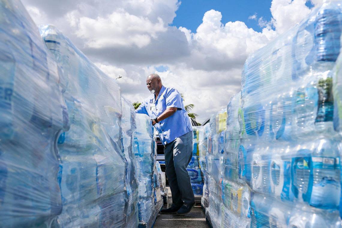 Miami Gardens Operations Manager Frank Johnson gets ready to load pallets of water cases into a UPS truck to be shipped to Jackson, Mississippi at Betty T. Ferguson Recreational Complex park in Miami Gardens, Florida, Monday September 12. 2022.