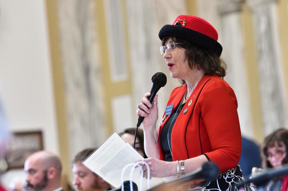 Rep. Lola Sheldon-Galloway, R-Great Falls, speaks on the house floor of the State Capitol in Helena, Mont. on Monday, Jan. 25, 2021. (Thom Bridge/Independent Record via AP)
