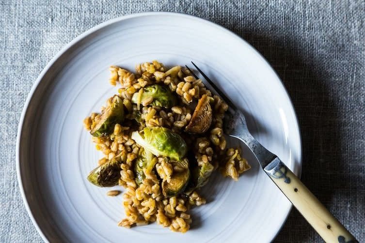 <strong>Get the <a href="http://food52.com/recipes/20344-farro-with-leeks-and-balsamic-roasted-brussels-sprouts" target="_blank">Farro With Leeks and Balsamic Roasted Brussels Sprouts recipe</a> from Food52</strong>