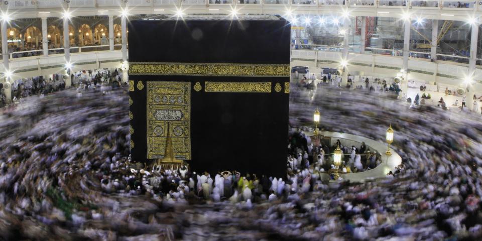 Muslims circle Kaaba and pray during Umrah Mawlid al-Nabawi pilgrimage, at Grand Mosque in the holy city of Mecca