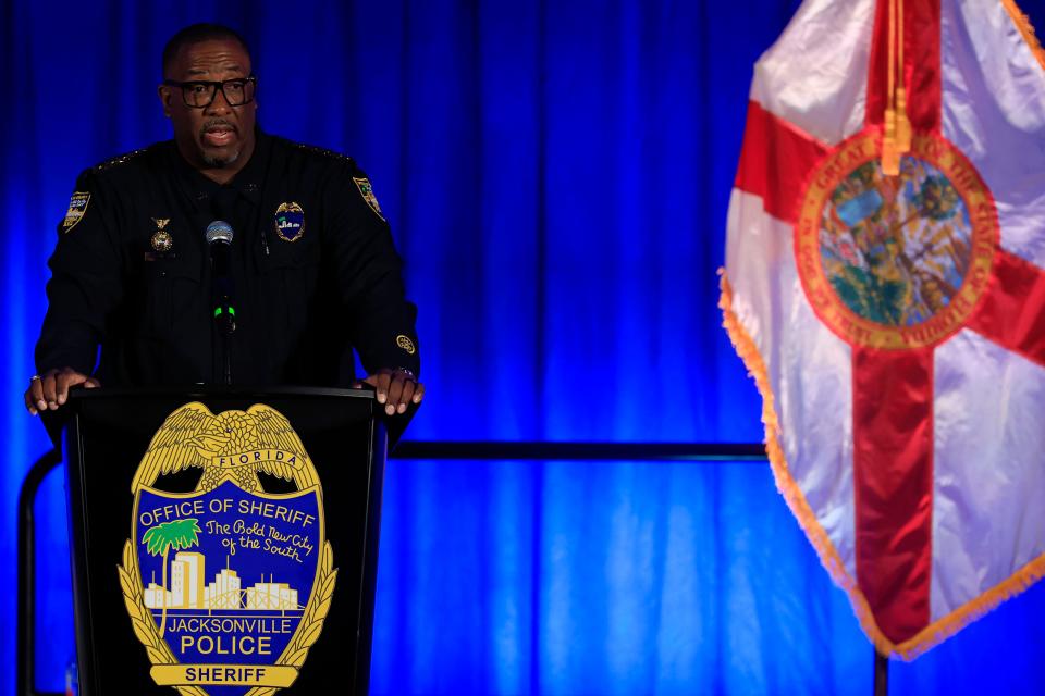 Jacksonville Sheriff T.K. Waters delivers his town hall address Wednesday at the Prime Osborn Convention Center. Waters and other staff talked about their vision of how the Sheriff’s Office can build better partnerships with the public in order to fight crime.