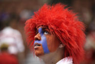 A Wisconsin band member watches warm up's prior to a regional semifinal NCAA college basketball tournament game between Baylor and Wisconsin,Thursday, March 27, 2014, in Anaheim, Calif. (AP Photo/Jae C. Hong)