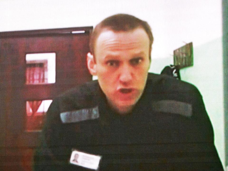 Alexei Navalny is seen on a screen via a video link.