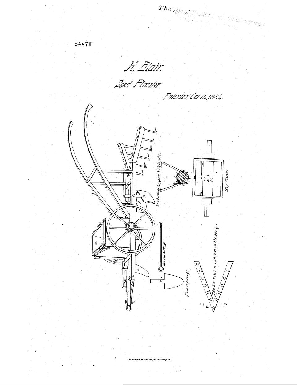This image provided by the United States Patent and Trademarks Office shows the drawing of Henry Blair's corn planter that accompanied his patent application in 1834. (United States Patent and Trademarks Office/via AP)