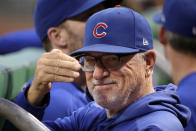 Chicago Cubs manager Joe Maddon acknowledges a fan before the team's baseball game against the Pittsburgh Pirates in Pittsburgh, Thursday, Sept. 26, 2019. (AP Photo/Gene J. Puskar)