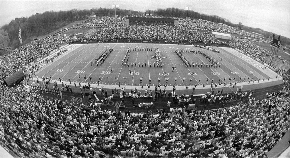 The Massillon Tiger Swing Band recognizes the history of the rivalry prior to the 100th game between Massillon and McKinley at Paul Brown Tiger Stadium in 1994. (IndeOnline.com / File photo)