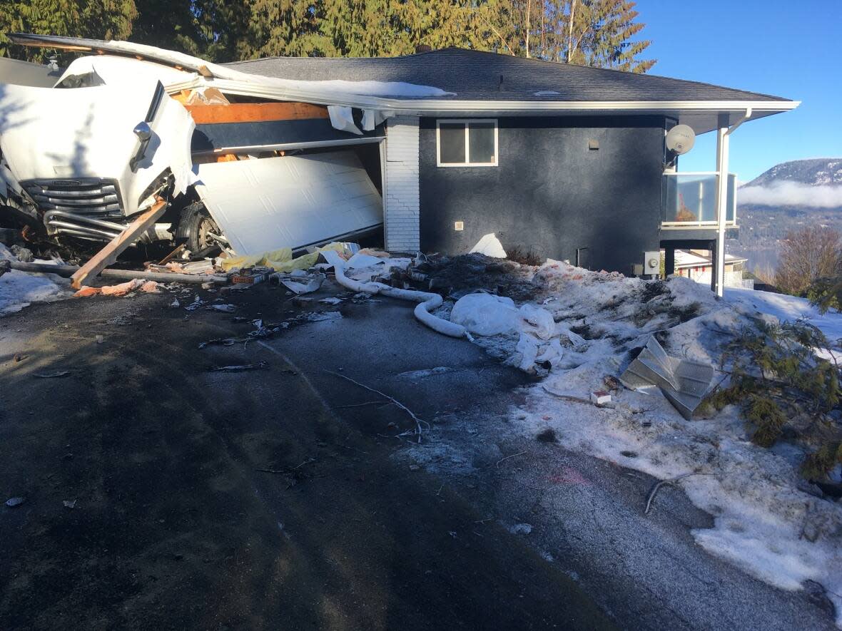 On Jan. 31, a semi-truck came barreling down a Shuswap area embankment and slid into a home.  (Hilda Freimuth - image credit)