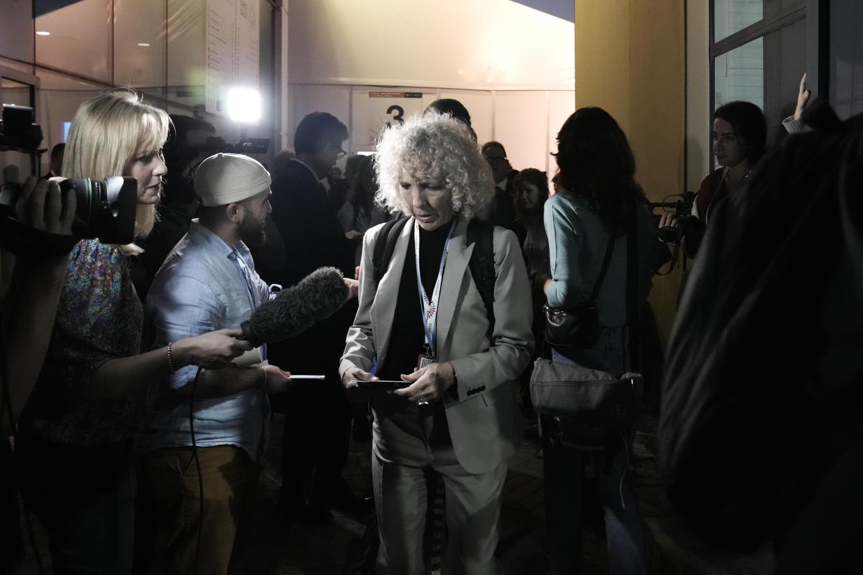 Germany's climate envoy Jennifer Morgan talks to members of the media at the COP27 U.N. Climate Summit, Saturday, Nov. 19, 2022, in Sharm el-Sheikh, Egypt. (AP Photo/Nariman El-Mofty)