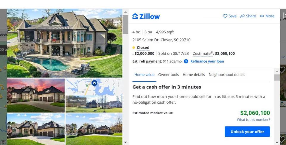 A Lake Wylie home on Salem Drive sold last year for $2 million. Zillow screengrab