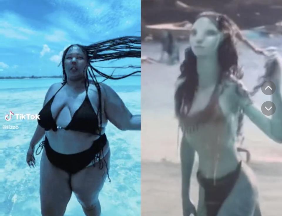 Lizzo stands in a bikini and flips her hair next to Tsireya doing the same